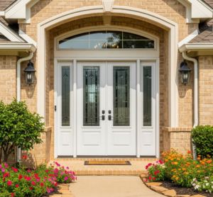 A brick home in Corinth, Texas, featuring new white double entry doors with decorative glass panels by 1n20 Home Services.