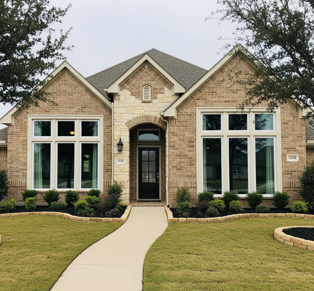 Brick house featuring a large picture window in the front in denton.