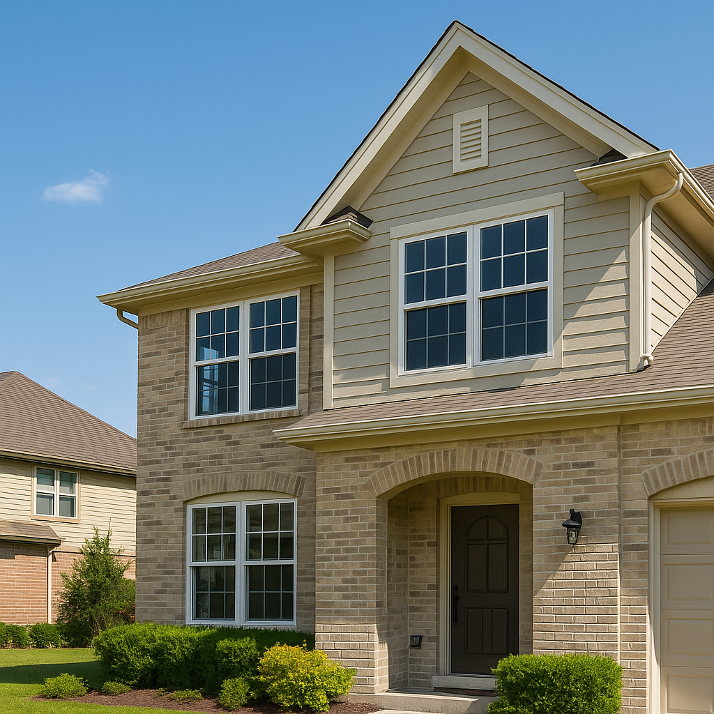 Two-story suburban Texas home with tan siding and brick exterior, featuring newly installed energy-efficient double-pane windows by 1n20 Home Services.