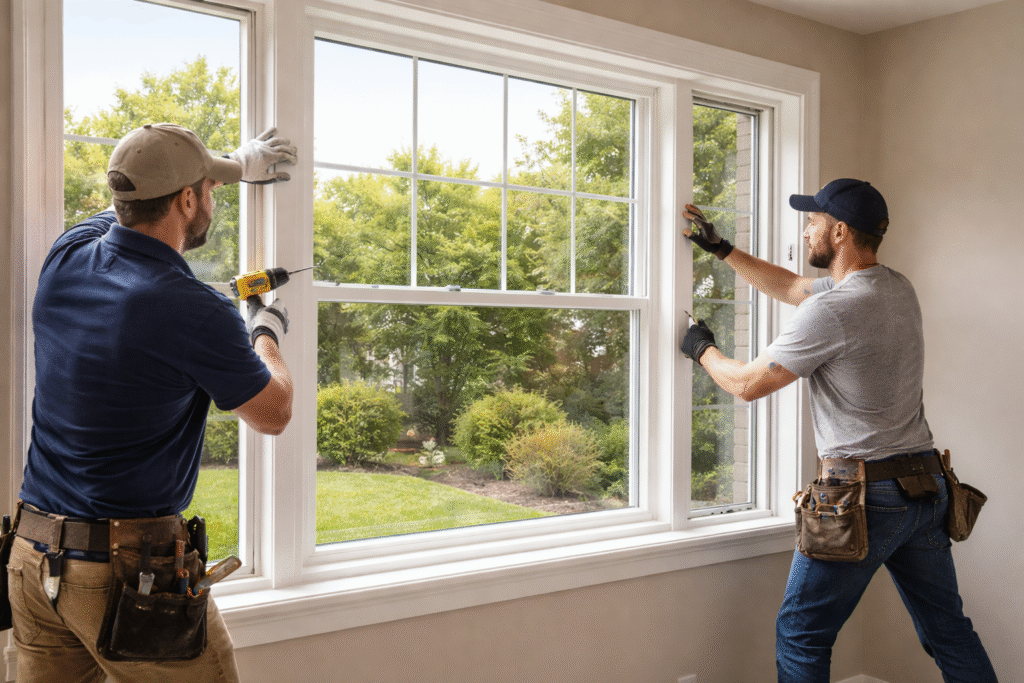 Professional window installers securing a new window in a Texas suburban home