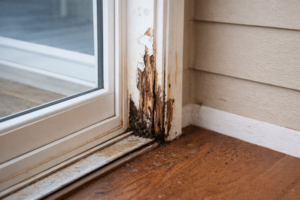 Water-damaged patio door frame with rotting wood at the bottom corner.