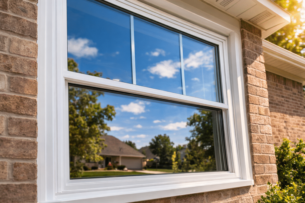 Energy-efficient double-pane replacement window installed on a suburban brick home exterior.