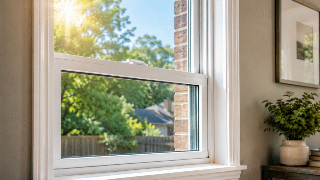 White vinyl replacement window bringing bright summer light into a comfortable DFW home.