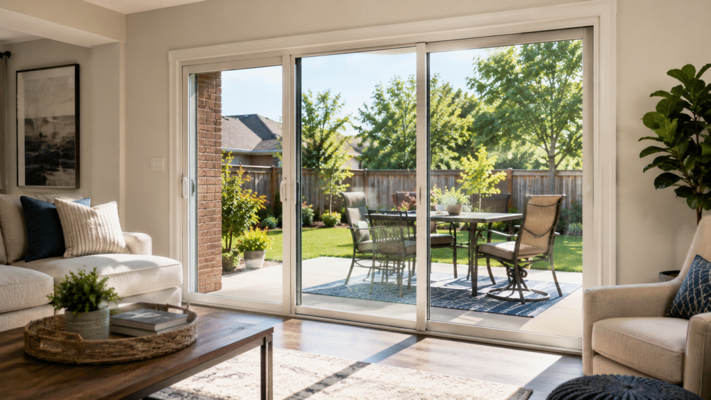 Modern sliding glass door connecting a bright DFW living room to a backyard patio.