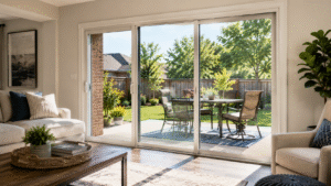 Modern sliding glass door connecting a bright DFW living room to a backyard patio.