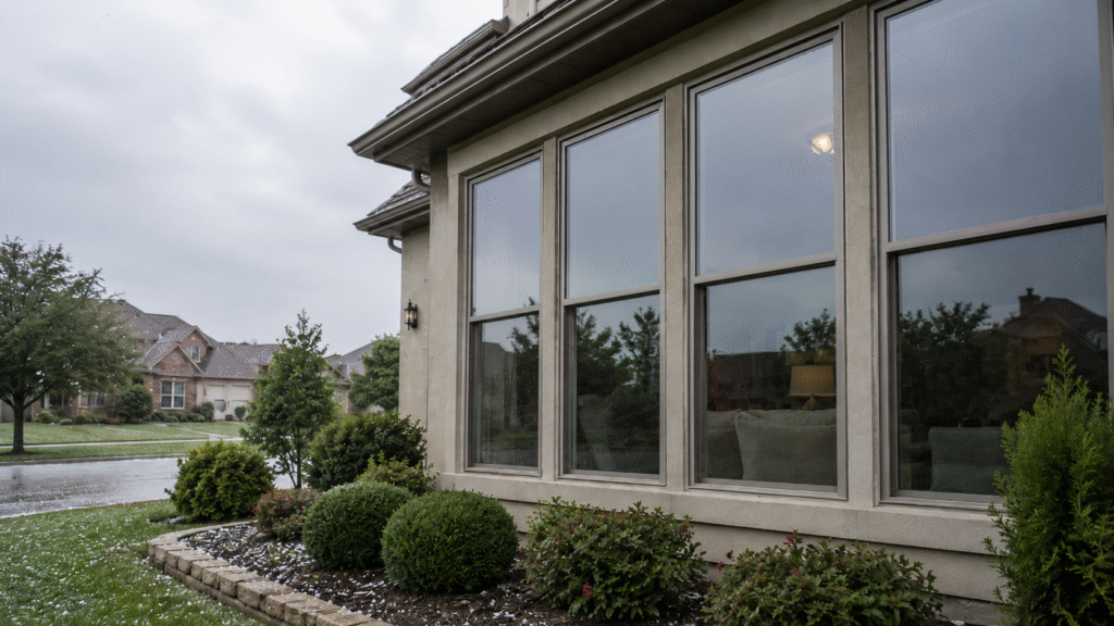 Suburban DFW home with large windows during overcast weather, with light hail scattered across the lawn and landscaping.