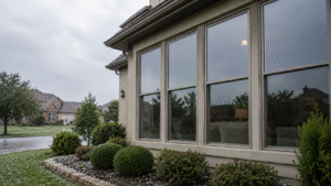 Suburban DFW home with large windows during overcast weather, with light hail scattered across the lawn and landscaping.