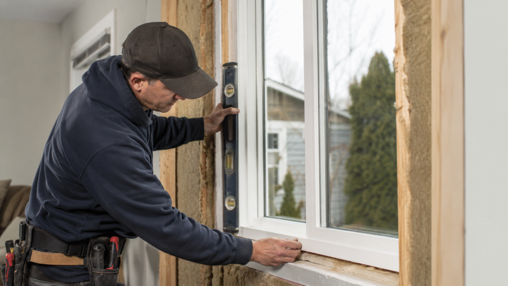 Professional window installer using a level to properly align a replacement window during a home renovation.