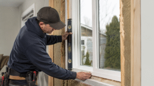 Professional window installer using a level to properly align a replacement window during a home renovation.