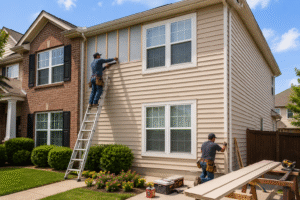 Professional siding replacement on a North Texas home with existing vinyl windows remaining in place, demonstrating that siding can be replaced without installing new windows.
