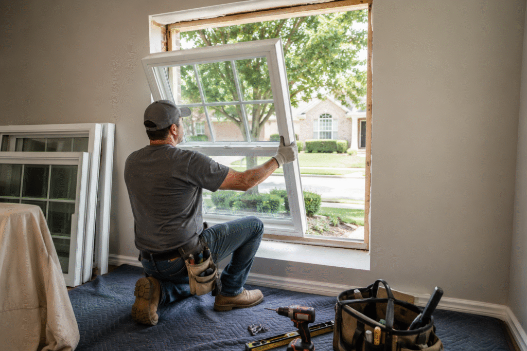 Professional installer replacing a vinyl window in a North Texas home, demonstrating the step-by-step replacement window installation process.