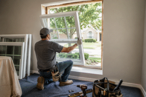 Professional installer replacing a vinyl window in a North Texas home, demonstrating the step-by-step replacement window installation process.