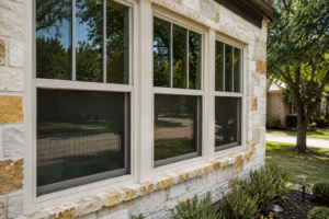 Energy-efficient replacement windows installed on a Texas home with a stone exterior, showcasing a clean, modern design that helps improve comfort and reduce heat during the hot DFW summer months by 1n20 Home Services Texas.