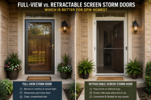 Side-by-side comparison of a full-view glass storm door and retractable screen storm door on brick DFW homes, highlighting natural light, visibility, ventilation, and screen options.