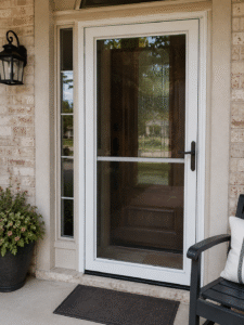 White full-view storm door installed over a dark wood entry door on a brick DFW home, providing added protection while maintaining natural light and visibility.