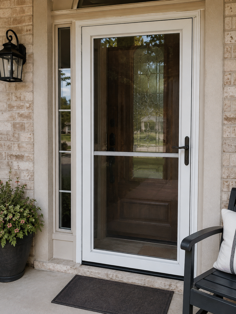 White full-view storm door installed over a dark wood entry door on a brick DFW home, providing added protection while maintaining natural light and visibility.